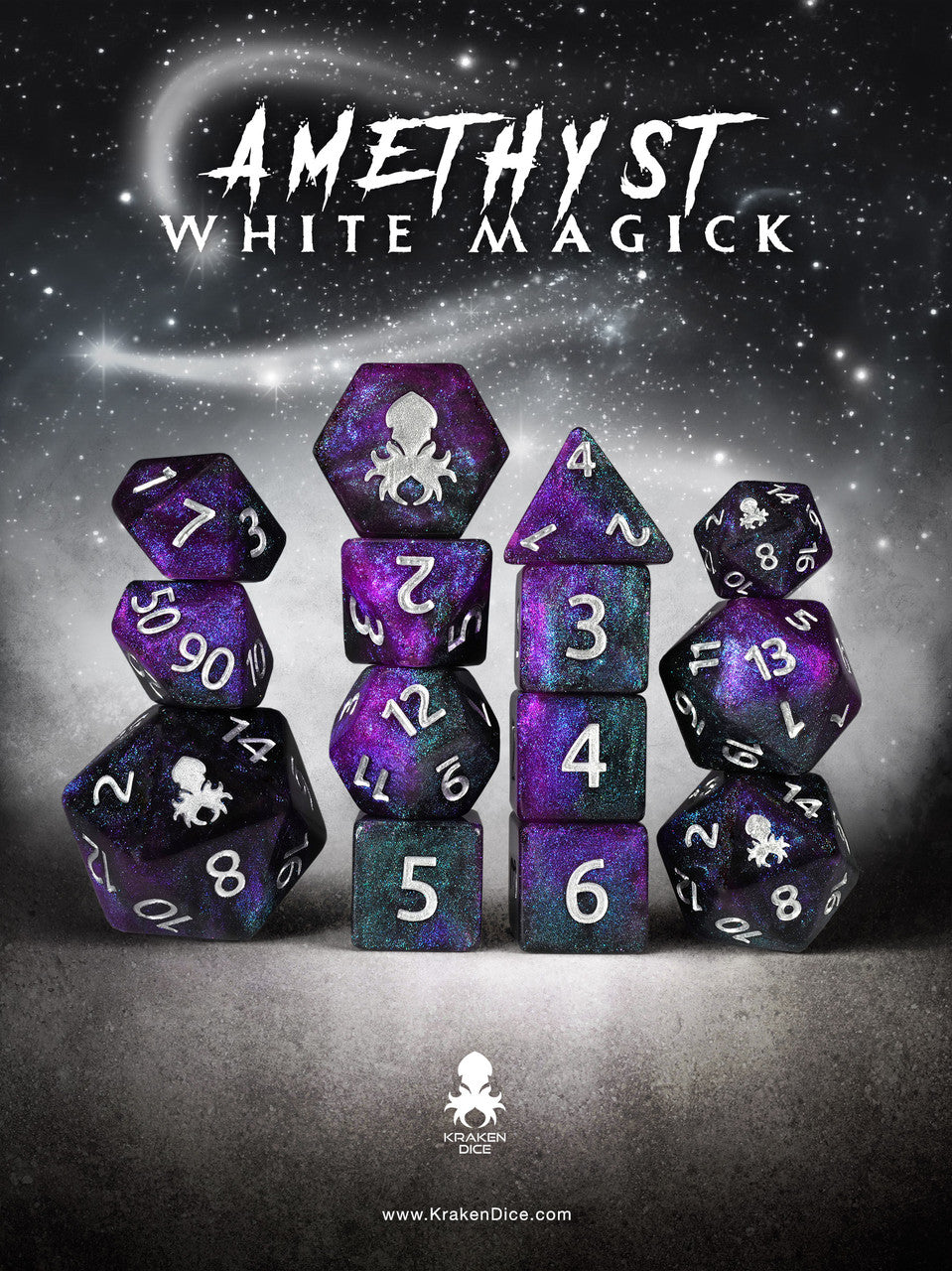 Amethyst White Magick 14pc Dice Set inked in Silver